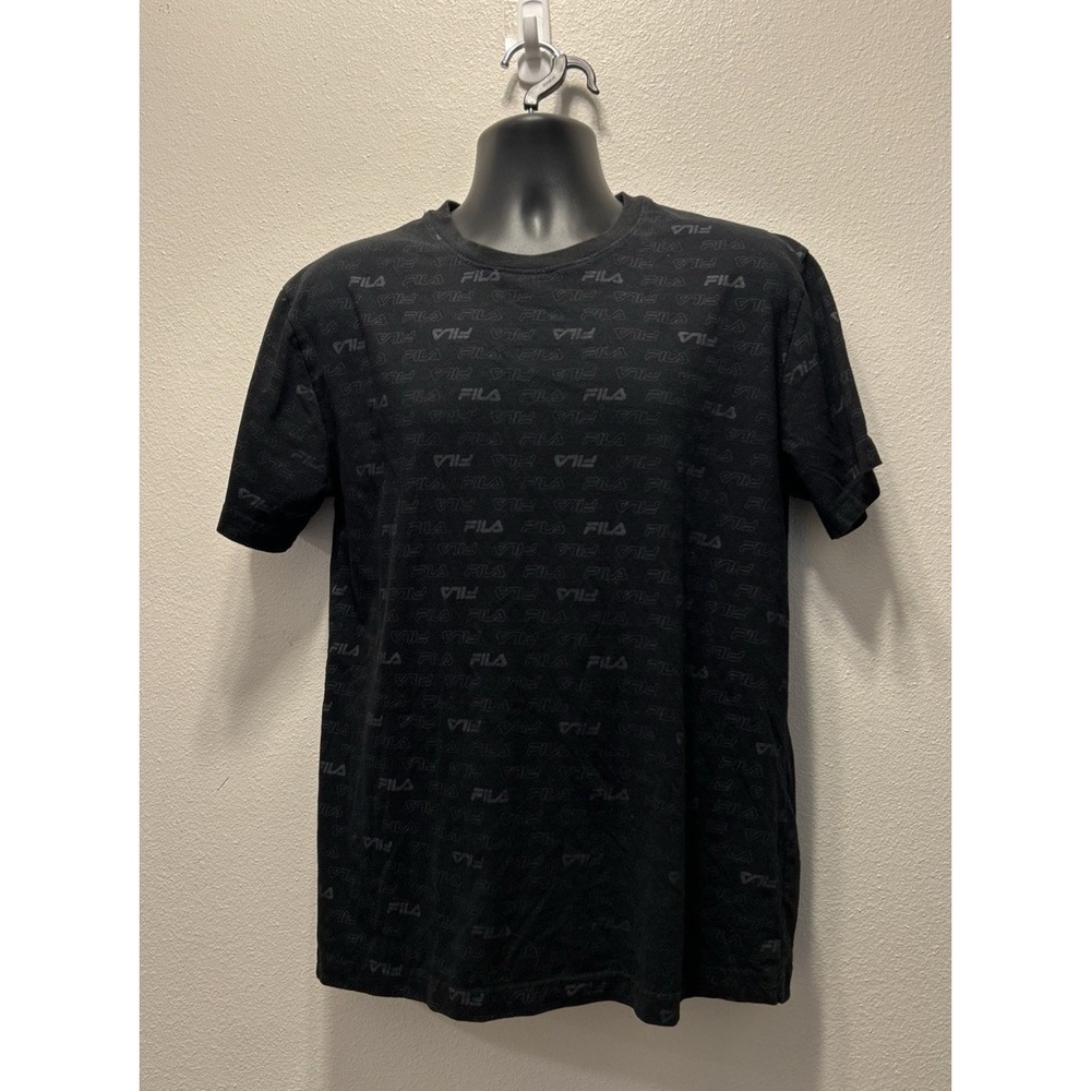 Fila Men's Large Shirt All Over Print‎ Black Graphic Crew Neck Tee Logo